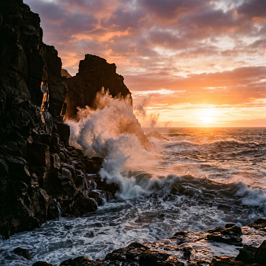 Ocean waves crashing against basalt cliffs at sunset