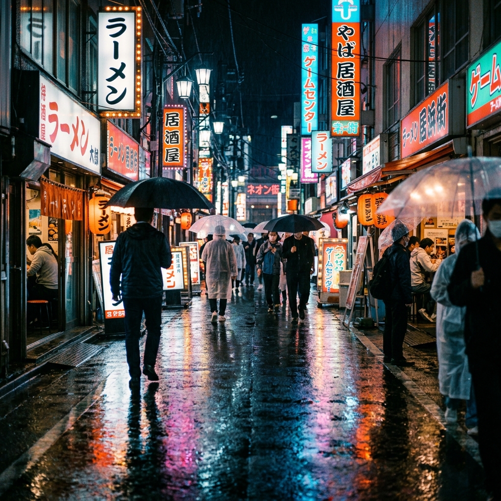 Cyberpunk neon-lit streets in Tokyo during rain